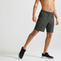 DOMYOS Short de Fitness Essentiel Respirant Poches Zippés Homme - Kaki Uni