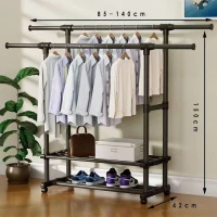 Penderie Mobile Double Barres Extensible Hauteur réglable avec 4 Roulettes V6
