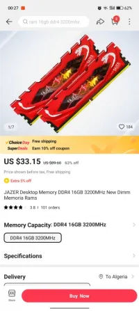 Ram jazer ddr4 32 gb 3200mhz (16x2) 