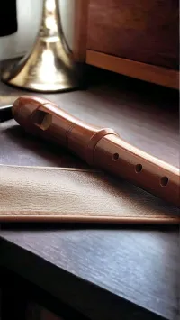 Flûte à bec, d'occasion, à doigtés baroques, registre Soprano, 2 pièces, en bois dur, avec étui cuir
