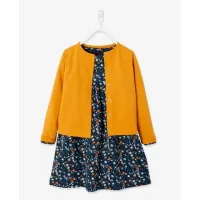 Vertbaudet Ensemble Fille Cardigan et Robe Imprimée Fleurs Intex  Bleu & Moutarde