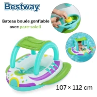 Bateau Bouée Gonflable avec Pare-soleil 107x112 cm de Plage et Piscine pour bébé et enfants Bestway