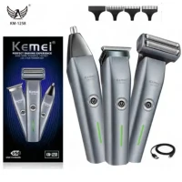 KM1258 Kit de toilettage 3 en 1KEMEI avec rasoir, tondeuse et coupe-nez (piles au lithium)