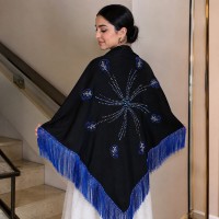 Châle Femme Luxe Noir & Bleu - Brodé avec Perles & Franges