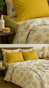 Parure cache couette Taies d'oreillers et Drap housse 100% coton - LE MIMOSA 2 places
