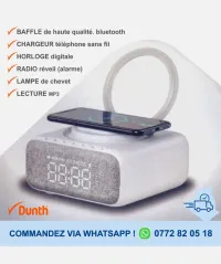 Enceinte bluetooth/RADIO/REVEIL/chargeur téléphone sans fil/ampli BAFFLE/HORLOGE/LAMPE /DUNTH