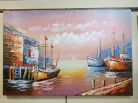 Tableau peinture huile sur toile, décor marine et village 