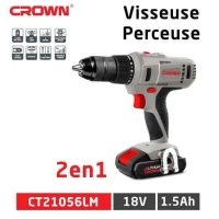Crown Visseuse A 2 Batteries Lithium -2 Vitesses Ct21055Lm-1.5 Bmc - 14.4V - 1.5 Ah Gris