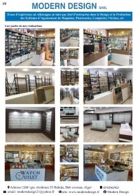 étagères et comptoirs en métal, mdf et verre