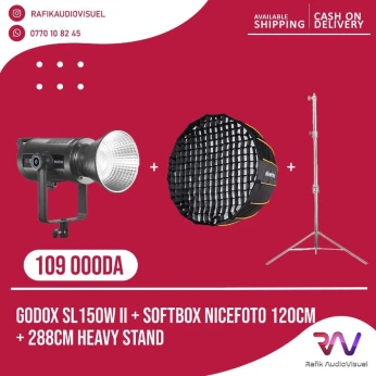 Kit Godox SL150WII + softbox parabolic Nicefoto 120cm + pieds de lumière 288cm chromé