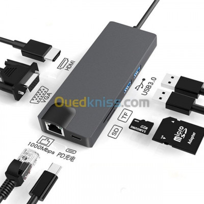 Adaptateur HUB Type-C USB-C 8 en 1 type-c to HDMI + RJ45 + Type-C + SD CARD + 2 * USB 3.0 + VGA