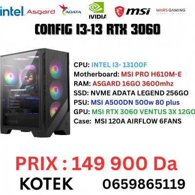 CONFIG PC GAMER I3-13100F RTX 3060 3 FANS 16 GO RAM 256 NVME