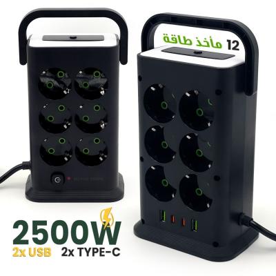 Multiprise Verticale 2500W - 12 Prises, Ports USB/Type-C et Lampe LED intégrée