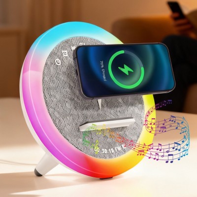 Lampe de Chevet Bluetooth 3en1  Haut-Parleur + Lumière RGB + Chargeur Sans Fil 15W