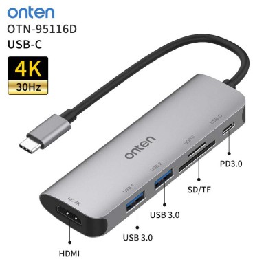 كابلات-ومحولات-adaptateur-hub-6-en-1-type-c-vers-hdmi-4k-2-x-usb-30-sdtf-alliage-daluminium-onten-otn-95116d-السحاولة-الجزائر