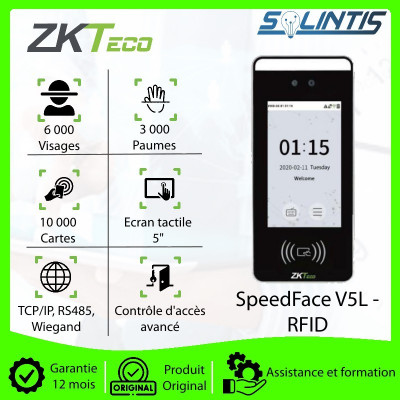 Pointeuse et contrôleur d'accès faciale, paume de main et carte ZKTeco SpeedFace V5L RFID