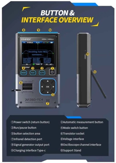 FNIRSI DSOTC4 Oscilloscope Numérique 3en1 avec Générateur de Signal & LCR Testeur de Composants
