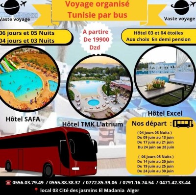 Voyage organisé Tunisie par bus hôtel 03 et 04 étoiles aux choix à partir de 19900 dzd 