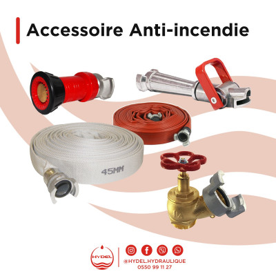 Accessoires Anti incendie - Raccords symétrique - Lance - Clé tricoise - Tuyau incendie