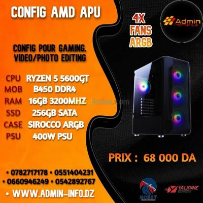 CONFIG AMD APU - RYZEN 5 5600GT - B450 DDR4 - 16G - 256GB SSD - 400 W - SIROCCO ARGB 4 FANS - BLACK