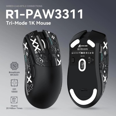 ATTACK SHARK R1 - SOURIS FILAIRE & SANS FIL - BLUETOOTH - 2.4G - 6 BOUTONS -18000 DPI - 1KHZ -BLACK