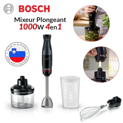 Bras Mixeur Plongeant BOSCH 4en1 Inox 1000W Avec Hachoir, Fouet, Verre Doseur - ErgoMaster Series 4