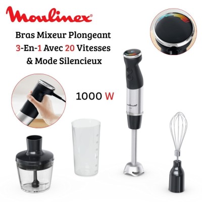 Bras Mixeur Plongeant 3en1 Moulinex QuickChef+ 1000W 20 Vitesses Avec Hachoir , Fouet , Verre Doseur