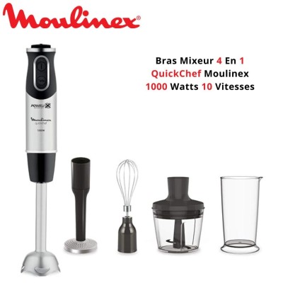 Bras Mixeur Plongeant Moulinex QuickChef 4 En 1 - 1000W et 10 Vitesses avec Hachoir et Presse Purée