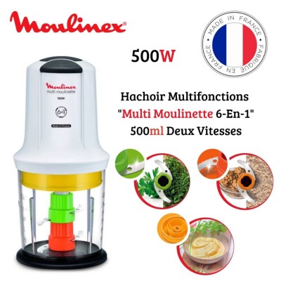 Hachoir Moulinex 6en1 - 500W Deux Vitesses 500ml 4 Lames Inox Disque Émulsioneur - Multi Moulinette