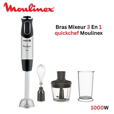 Bras Mixeur 3en1 Plongeant Moulinex QuickChef 1000W 10 Vitesses avec Hachoir et Verre doseur INOX