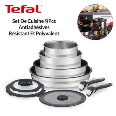 Batterie De Cuisine Tefal Set 9 pièces - 2 poignée amovible Poêle et Casseroles Antiadhésives INOX