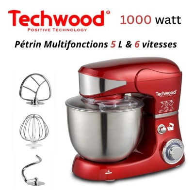 Robot Pétrin Multifonction Techwood 6 Vitesse 5 L 1000W Avec Bol En Inox Rouge - عجانة 5 لتر