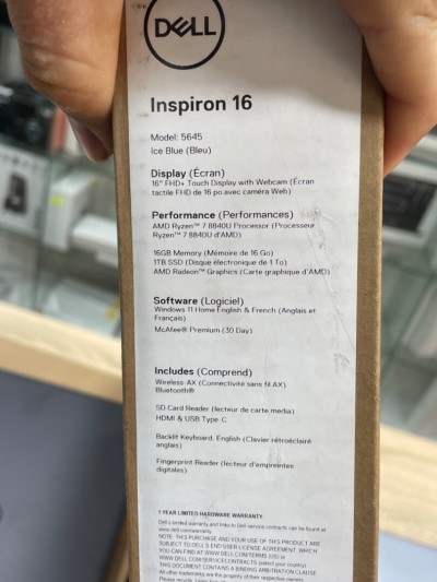 INSPIRON 16 Ryzen 7 8840u 16DDR5-1000ssd 16 POUCE FHD+ AMD 780M AZERTY