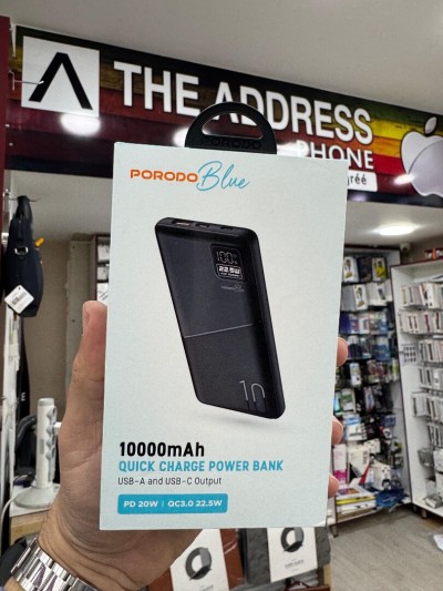 Power Bank  Batterie externe Porodo Blue 10 000 mAh à charge rapide avec sorties USB-A et USB-C