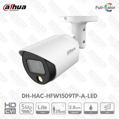 Camera HDCVI Bullet, 5MP, Objectif 2.8mm, IR:50m, Audio, Full-Color,DH-HAC-HFW1509TP-A-LED