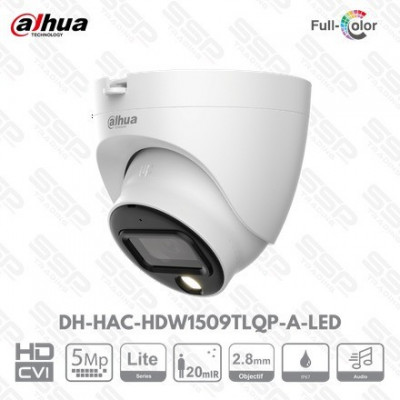 Camera HDCVI Dôme, 5MP, Objectif 2.8mm, IR:20m, Audio, Full-Color,DH-HAC-HDW1509TLQP-A-LED