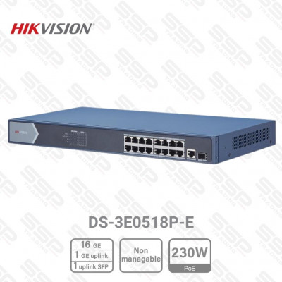 Switch Hikvision 16 Ports Gigabit PoE 230W, 1 x Gigabit Combo (RJ45/SFP), non mangeable, rackable