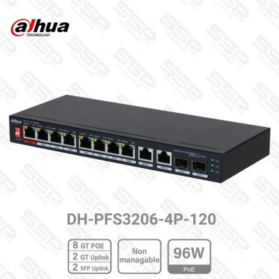 Switch 8 Port Fast Ethernet PoE+ 96W, 2 x Gigabit Combo (RJ45/SFP), non mangeable, rackable