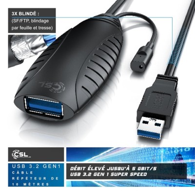 CSL rallonge USB 3.2 Gen1 avec amplificateur Actif répéteur 10 mètres - USB Male Femelle plaqués Or