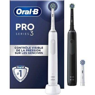 Oral-B Pro serie 3 , Brosse à dents électrique, 2 Brossettes, NOIR / BLANC ,avec socle