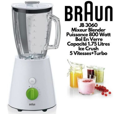 Blender en verre Braun JB3060 , 800 W, 1.75 liters, Blanc/NOIR خلاط زجاجي