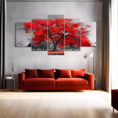 لوحة جدارية فنية لشجرة بأوراق حمراء  تنسيق عصري بـ 5 قطع