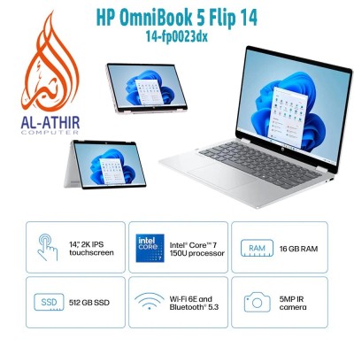 HP OmniBook 5 Flip 2 en 1 Intel Core 7-150U I 16 Go RAM DDR5 I 512 Go SSD I 14" 2K Convertible