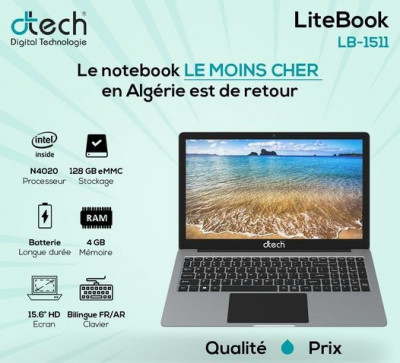 D Tech Litebook LB 1511 Celeron N4020  4Go 128Go 15.6" windows 10 support HDD