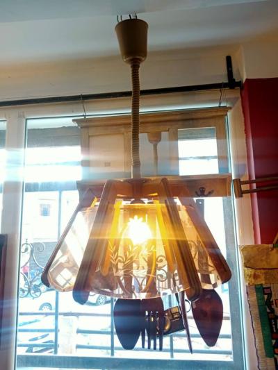 Lustre suspension style scandinave en bois et verre ombré biseauté LIQUIDATION