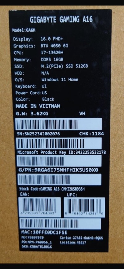 Gigabyte A16 i7 13620H/16Go/512Go/RTX4050