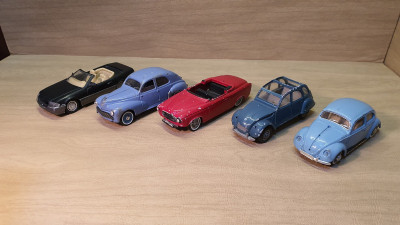 Anciennes voitures 1:43 Solido Citroen 2CV6, Peugeot 203, Mercedes 500 SL,  Coccinelle 1950