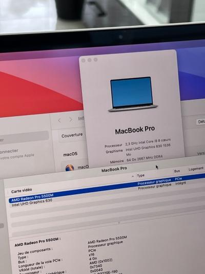 MacBook Pro 2019 i9 16" - 64Gb Ram - 1To SSD - AMD Radeon Pro 5500M 8Gb - Cycle 212