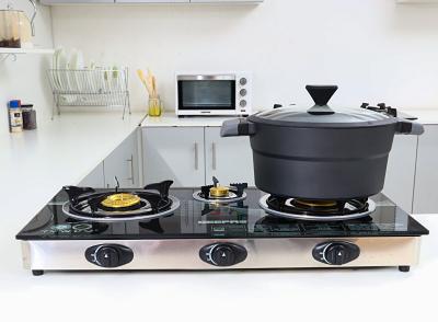 Réchaud A Gaz 3 Feux En Verre Trempé Noir Robuste