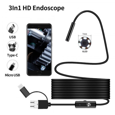 GROS Caméra Endoscopique 3.5 M Cable Rigid - 3 en 1 ( Type-C & Android & PC )